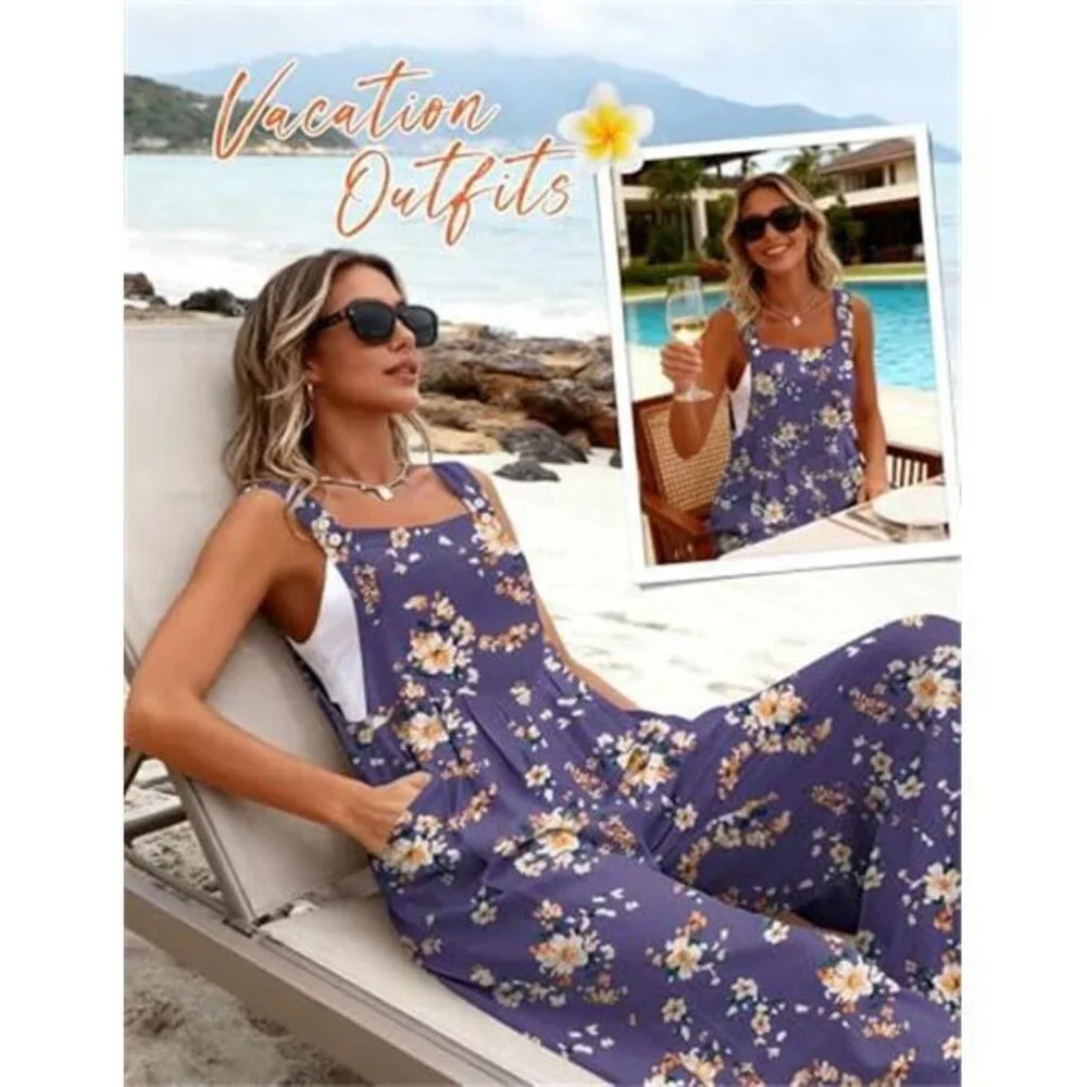 Women's Casual Overalls Loose Wide Leg Jumpsuit Summer Boho Baggy Romper - Picture 4 of 5